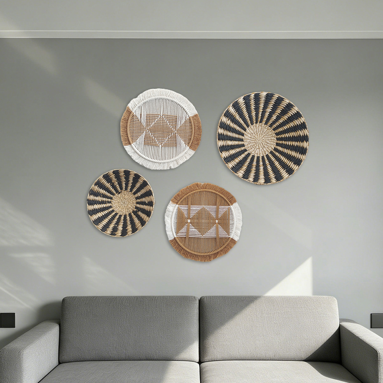 Amazon nuevo tejido de paja artesanal pared bohemia combinación de pared casa vivienda decoración de pared en stock