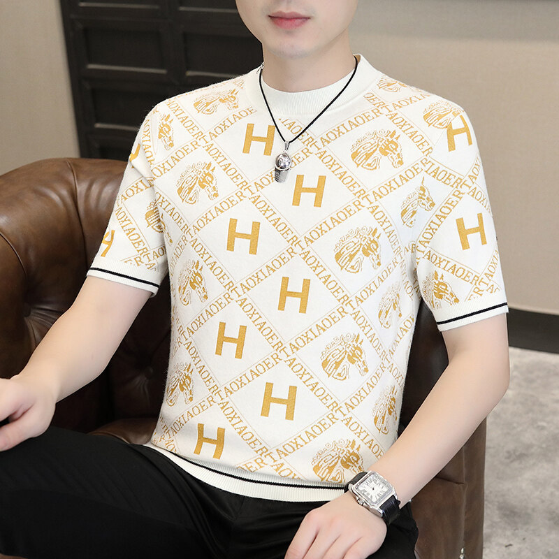 2025 New Short-Sleeved Sweater Men's Round Neck Trendyy Casual Spring Bottoming Shirt Men's Knitted T-Shirt