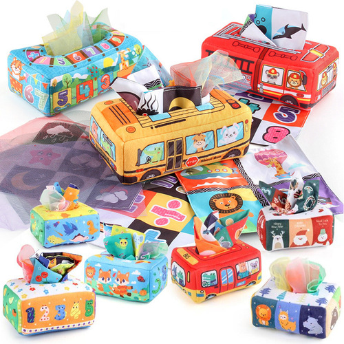 Baby early education cloth book tissue box ringing paper square towel cognitive animal English tear-resistant children's tissue paper toy