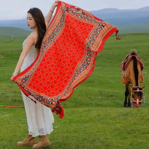{Xin Saiqi} Ethnic Scarf, Sun Protection Shawl, Women's Inner Mongolia, Xinjiang, Qinghai, Northwest Grassland Travel Wear Silk Scarf