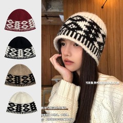 复古菱形格子毛线帽女秋冬季设计感针织帽保暖防寒包头冷帽日韩