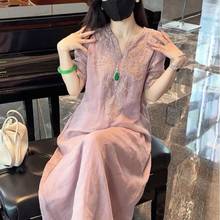 棉麻新中式国风重工刺绣领连衣裙女2025夏季宽松显瘦气质长裙子