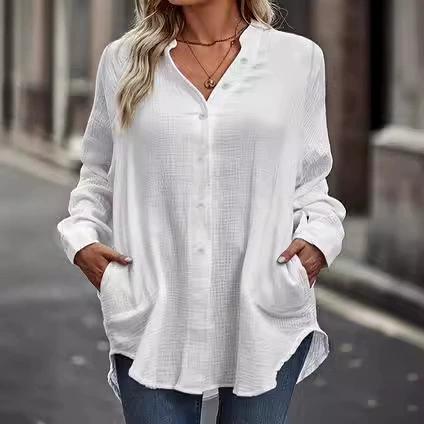 Европейские и американские трансграничные большие размеры женские осенние и зимние рубашки с длинными рукавами карманы лацканы свободные сплошные рубашки женские