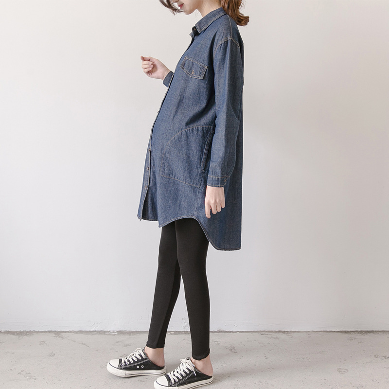 Pregnant Women's Shirt Denim Mid-length Spring and Autumn Long-sleeved Shirt Dress Spring Maternity Dress Large Size Shirt Top