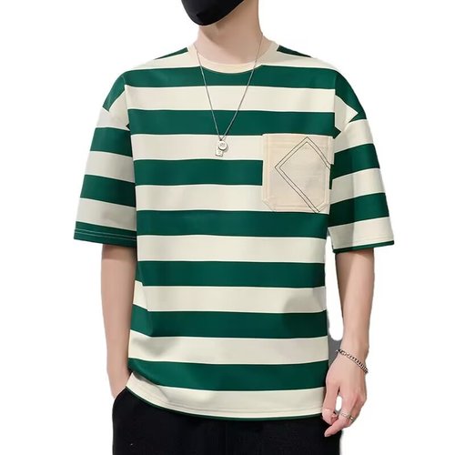 Short-sleeved men's summer new striped t-shirt men's trendy loose trendy brand Hong Kong style youth student round neck men's T-shirt