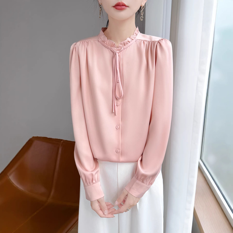 Trendy Satin Silk-Like Design Anti-Wrinkle Top with Glossy Ruffled Lace Stand-Up Collar and Tie-Up White Shirt