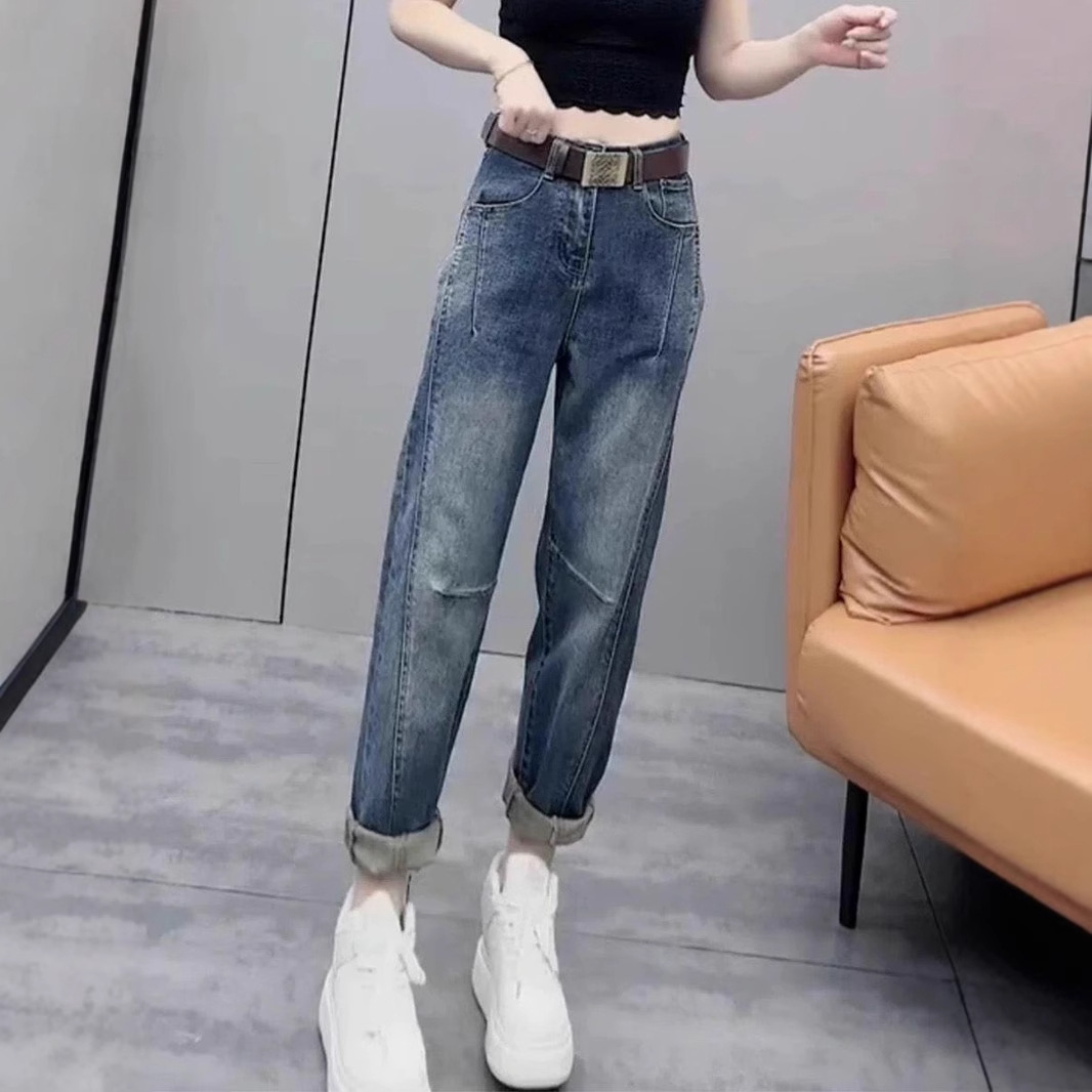 플러스 사이즈 여성 복고풍 스트레이트 9부 청바지 여성 2025 봄 신작 인기 다용도 슬리밍 하렘 바지
