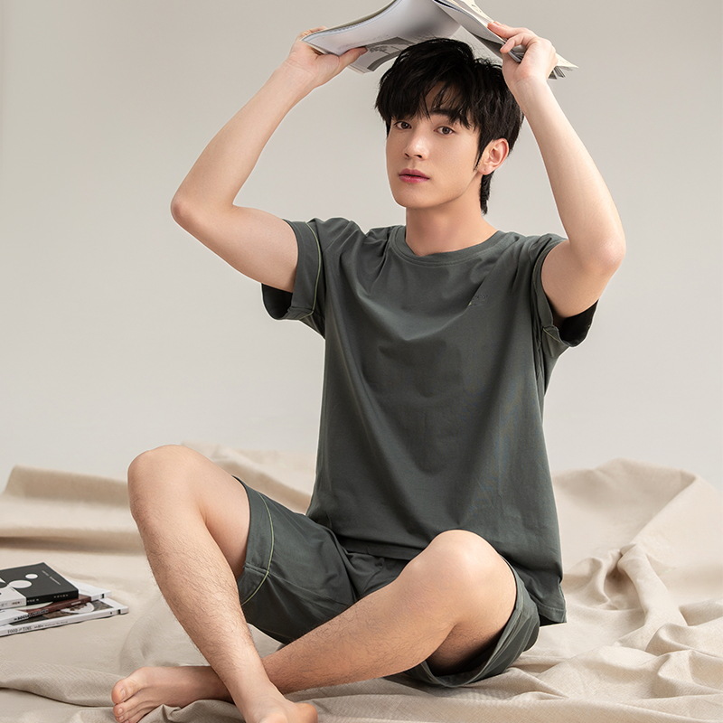 Class a Antibacterial Men's Pure Cotton Pajamas Men's Summer Short-Sleeved Shorts Casual Wearable Cotton Home Clothes Set