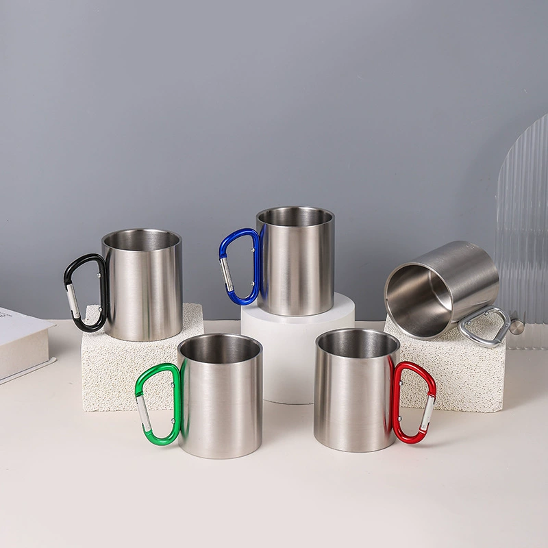 户外双层300ml小口杯金属水杯 野营咖啡便携水杯 不锈钢登山扣杯