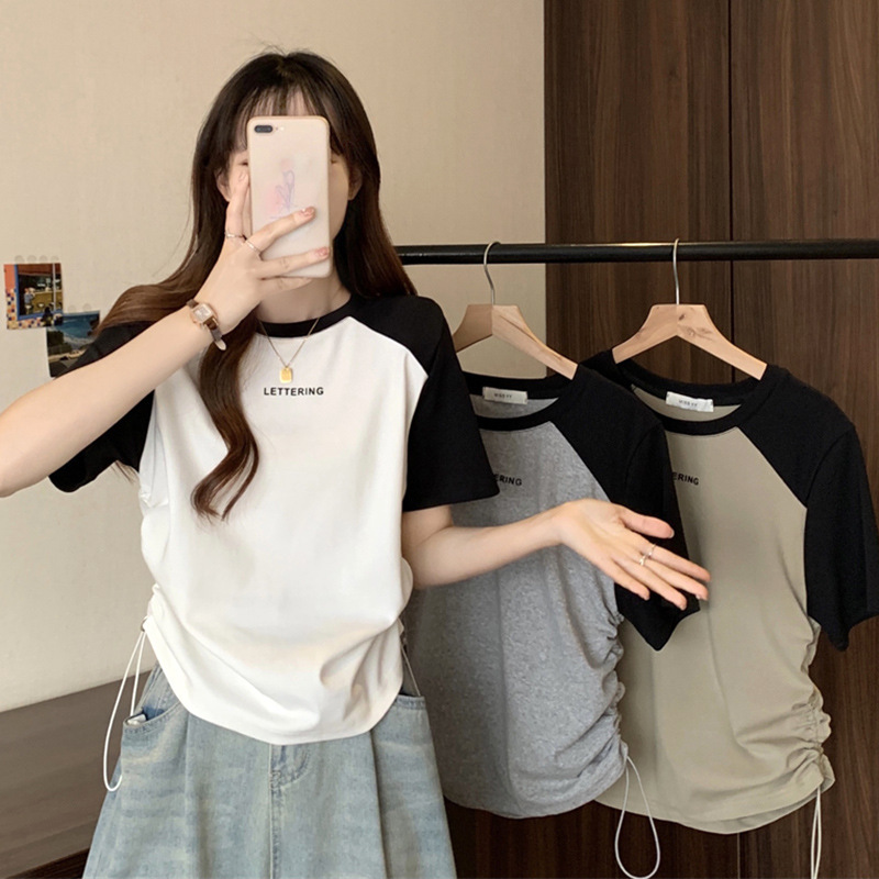 Plus Size Summer Round Neck Printed Drawstring Short-Sleeved T-Shirt Bottoming Shirt for Fat Girls to Cover Belly and Look Slimming Look Right Shoulder Top for Women