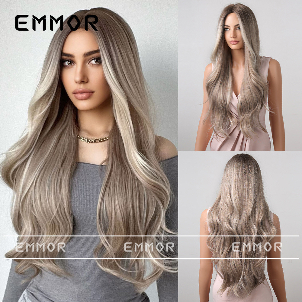 Peluca de mujer transfronteriza europea y americana nueva Mitad de longitud larga Pelo Rizado color mezclado degradado gris marrón moda temperamento peluca pelucas