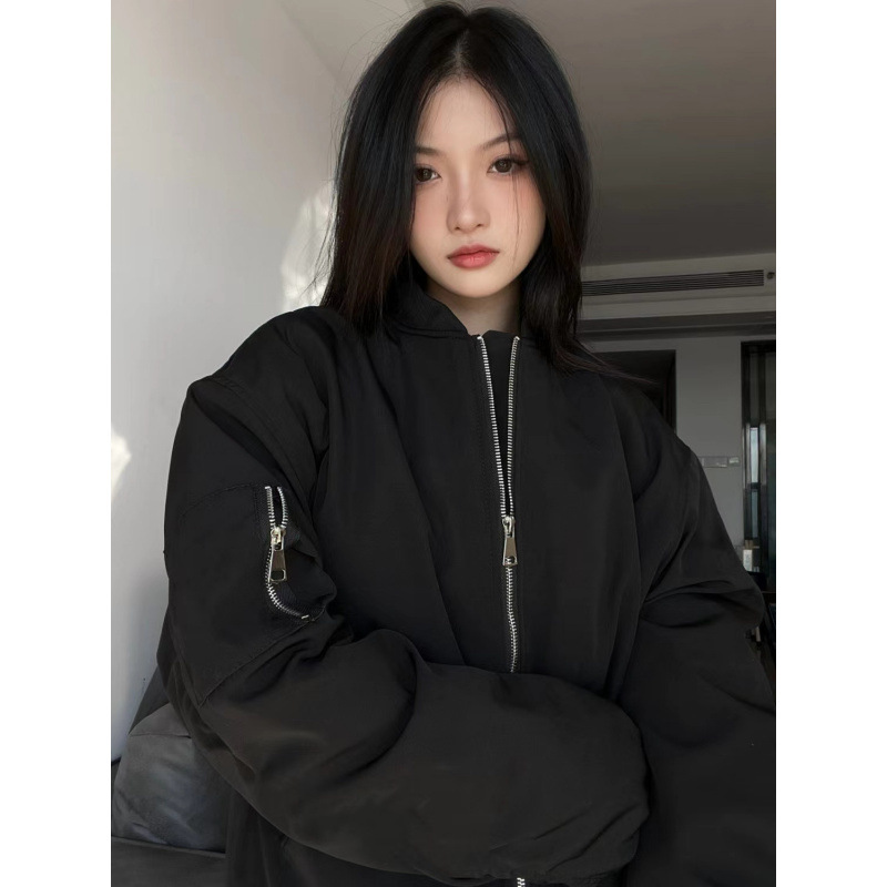 Black Flying Suit Jacket Loose Casual Spring and Autumn American Style Retro Baseball Suit Jacket Women's Ins Korean Style Trendy Top Black Flying Suit Jacket Loose Casual Spring and Autumn American Style Retro Baseball Suit Jacket Women's Ins Korean Style Trendy Top