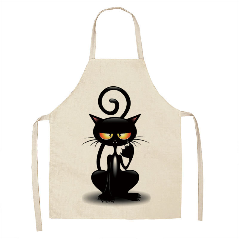 Gato blanco y negro de dibujos animados delantal lino cocina casera sin mangas halter antifouling cintura niños babero