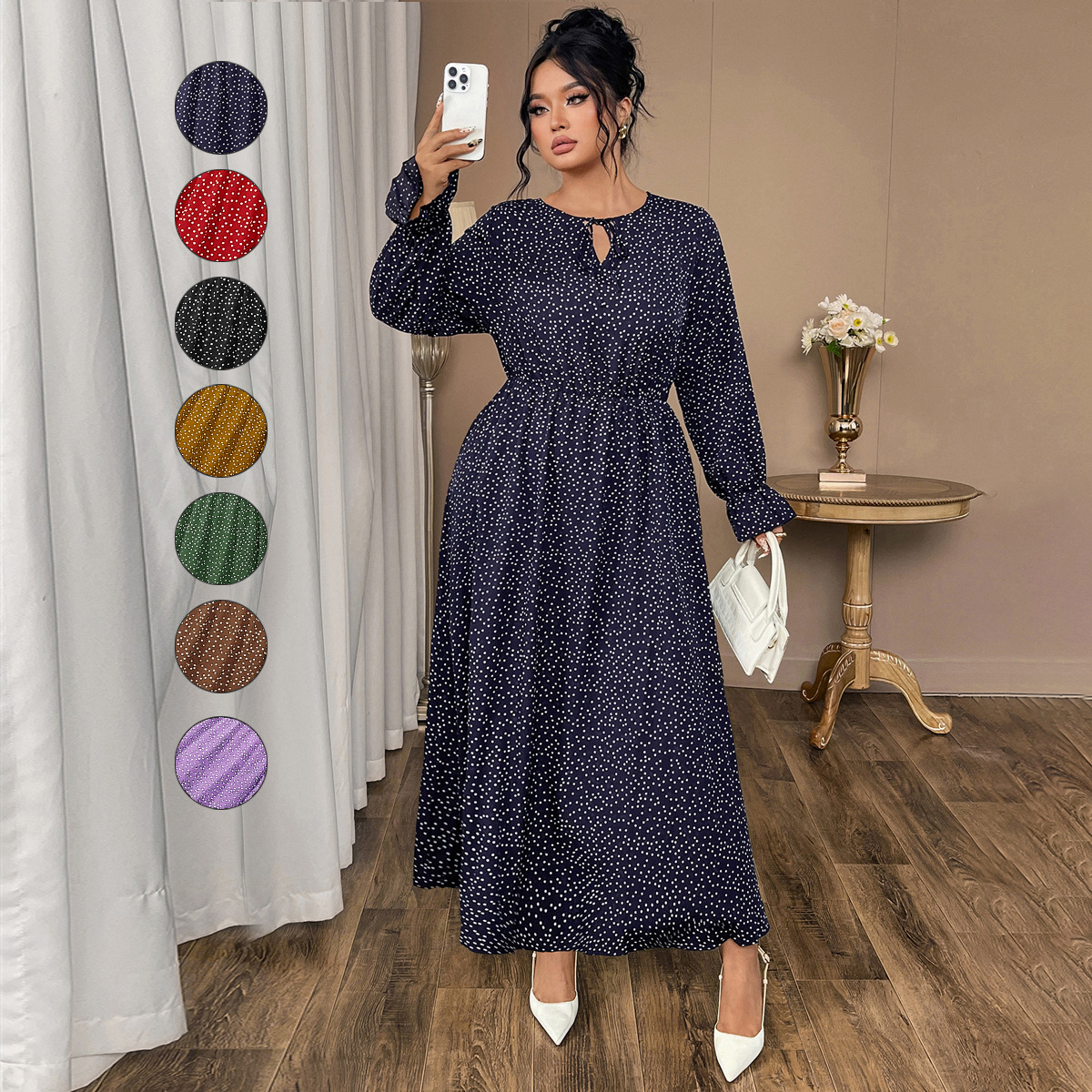GraceChic European And American Style Cross-Border Trade W's 2025 Polka Dot Loose Fit Long Sleeve Dress For Plus Size_ecoleips.com