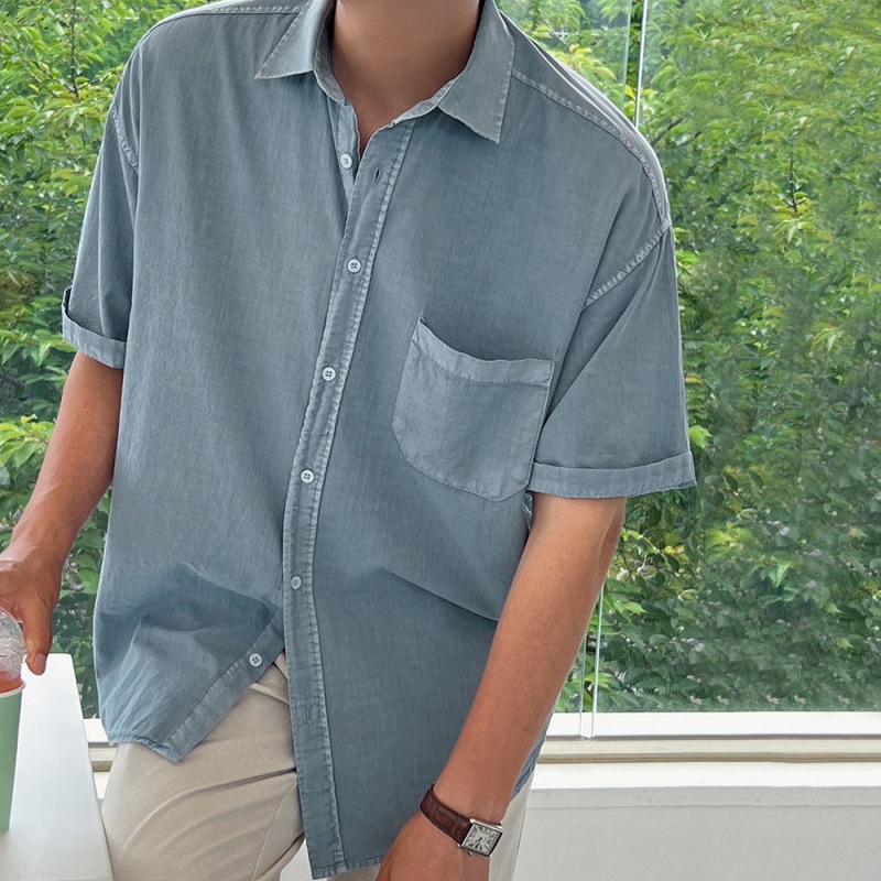 Myqシンプルな純色半袖シャツ男性夏のゆるいカジュアルシャツ韓国版トレンド襟半袖上着