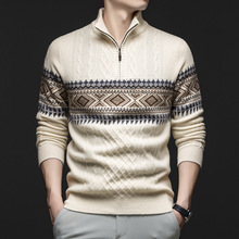 加厚名族风碎花男士毛衣冬季新款中青年立领保暖羊毛衫男打底复古