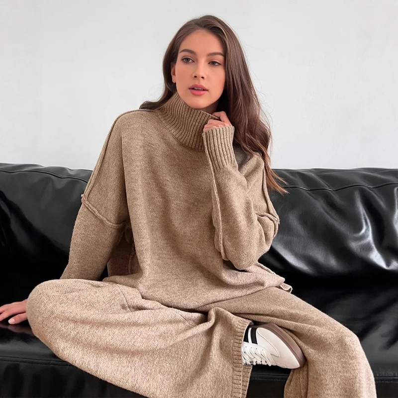 Cross-Border Exclusive Supply 2025 Autumn/Winter High-Neck Slit Knit Set for Women Russian Sweater and Long Pants Two-Piece Set in a Lazy Style