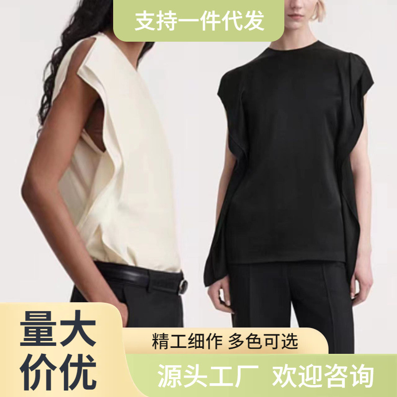 Scandinavian Tote Simple Shirt Summer Style Round Neck Viscose Side Pleated Crepe Waist Sleeveless Shirt Top for Women Work Clothing