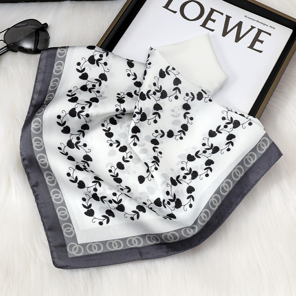 Pañuelo de seda de imitación con estampado blanco francés, chal de protección solar, bolsa de atar, bufanda cuadrada para el cabello, uso simple, flor 70, bufanda de seda