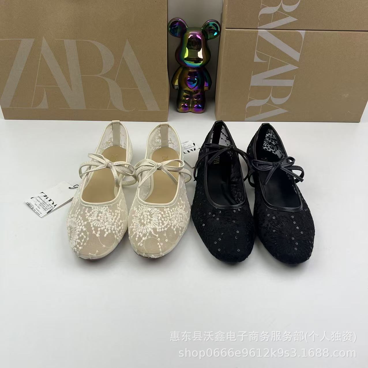 Zar Spring New Women's Shoes Off-White Mesh Sequin Bow Ballet Shoes Cut Out Comfortable Flats Shoes