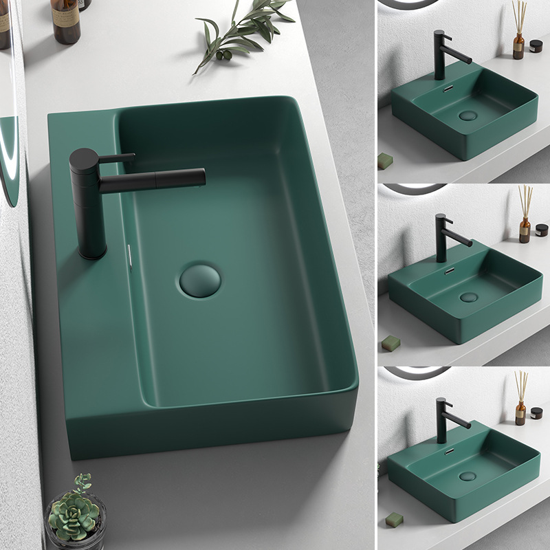 Mesa nórdica lavabo hogar cerámica cuadrado verde oscuro lavabo gran tamaño lavabo único baño