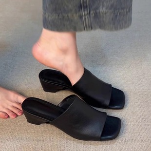 In Stock~Minimalist Style Retro Soft Leather Square Toe Half Slippers for Women Summer 2025 Thick Heel Open Toe with Skirt High Heel Sandals