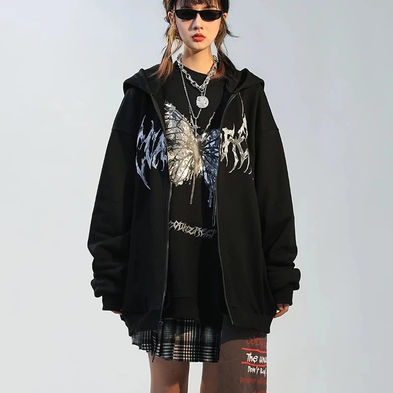 1412 # 2021 Stijl Fleece Cardigan Sweatshirt met Ritssluiting en Lettervlinderprint voor Dames_voghion.com