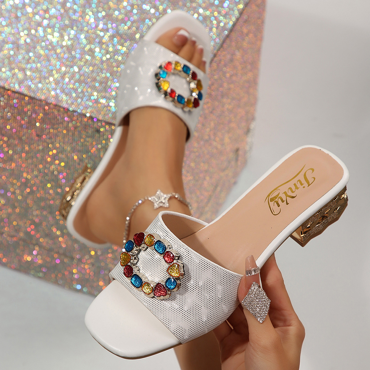 Sandalias de Tacón Alto y Ancho con Puntera Cuadrada de Cuero Sintético para Uso Diario image 1