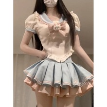 甜美学院风少女感jk制服修身百搭上衣+撞色可爱甜美蓬蓬裙套装潮