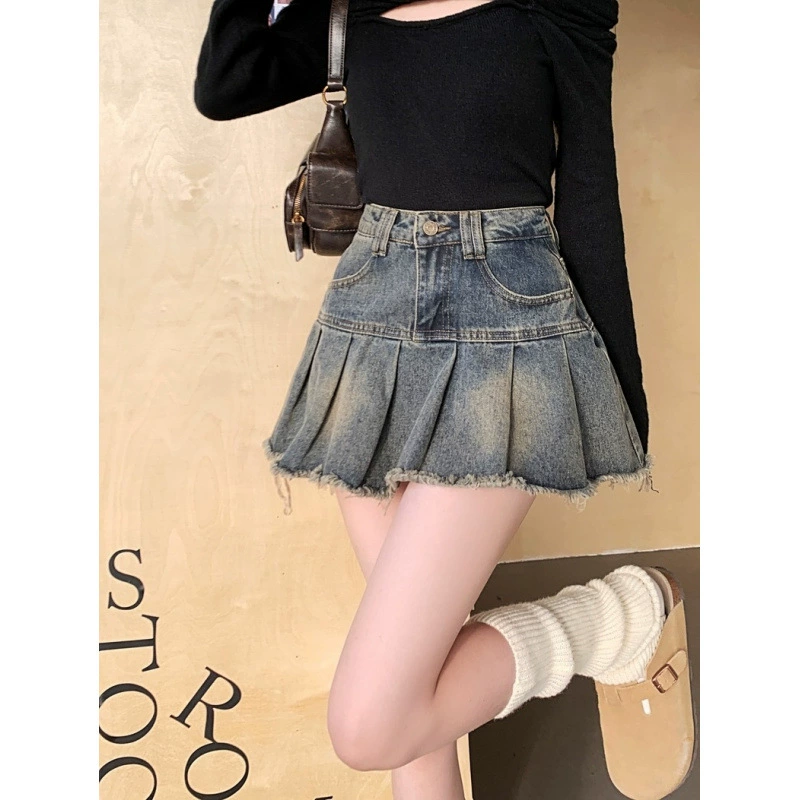 Джинсовая юбка с потертыми краями в стиле ретро, ​​женская летняя новая юбка, плиссированная юбка для горячих девушек, короткая юбка с высокой талией