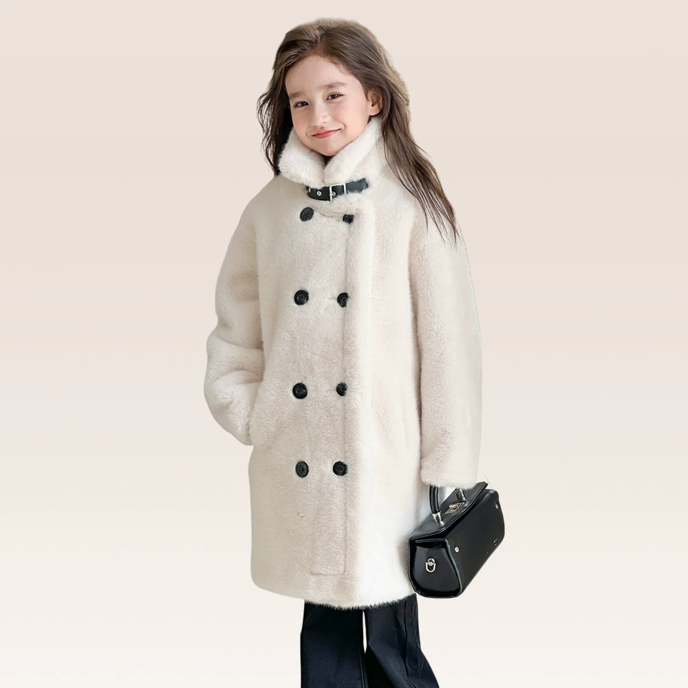 Детское mid-length плащ из искусственного меха faux‑mink, двубортный, тёплая замшевая отделка, размеры 110–160
