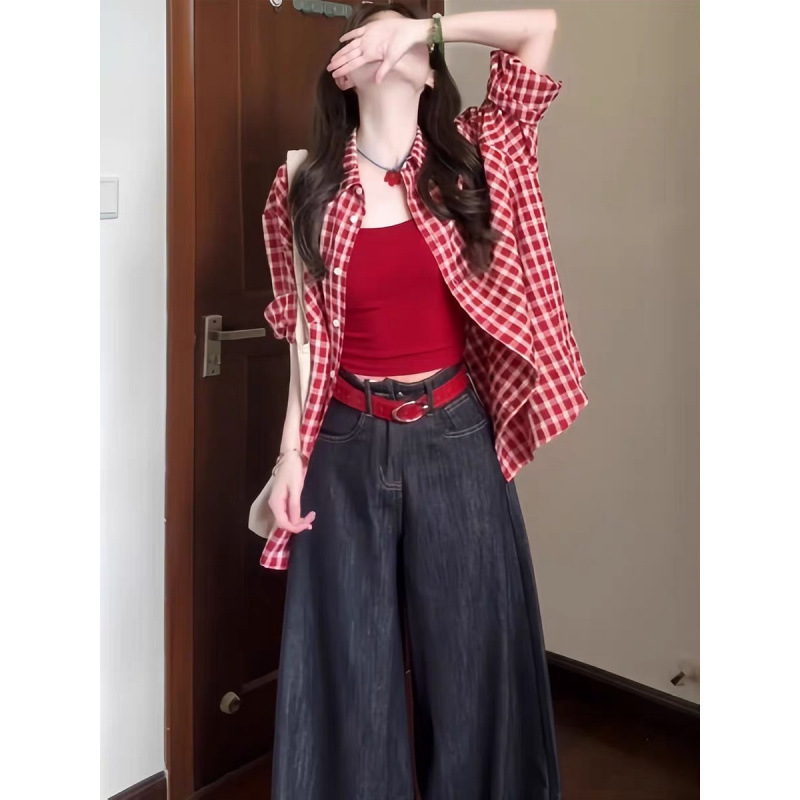 早秋一整套ootd穿搭套装红色格纹长袖衬衫阔腿牛仔裤子韩系两件套|undefined