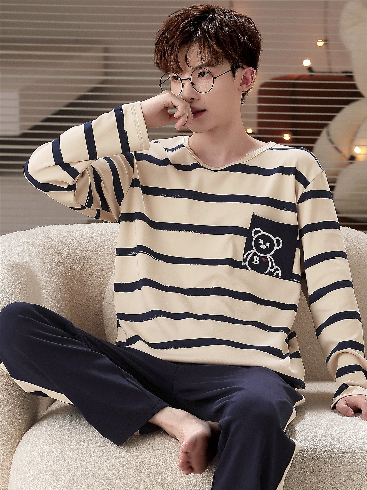 Pajamas Men's Cotton Long-Sleeved Spring and Autum Boys' Middle-Aged and Teenage Students' Cotton Stripesd Home Clothes Set