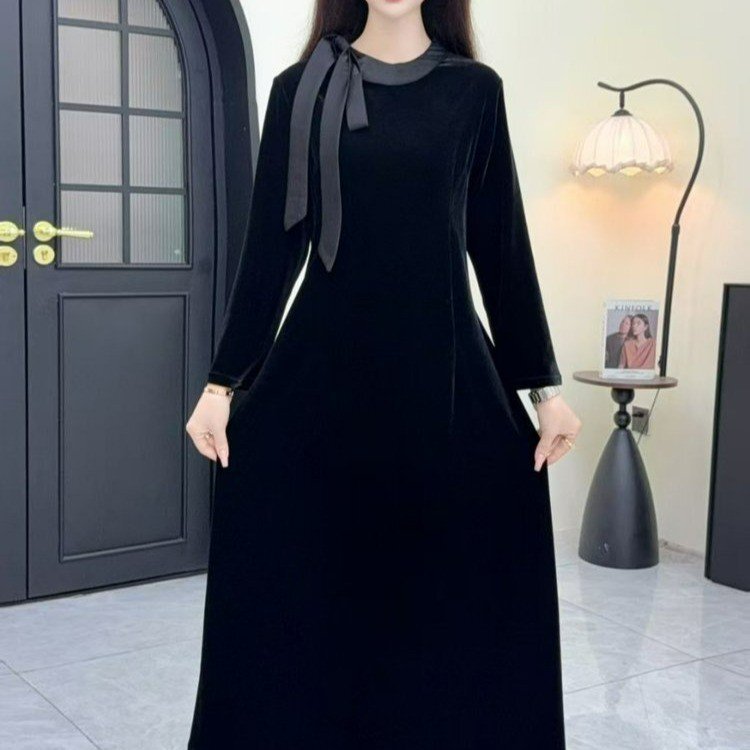 2026 New Hepburn-Style Gorgeous and Elegant Black Long-Sleeve Velvet Dress for Women, Autumn and Winter Formal Dress, Long Gown 2026 New Hepburn-Style Gorgeous and Elegant Black Long-Sleeve Velvet Dress for Women, Autumn and Winter Formal Dress, Long Gown