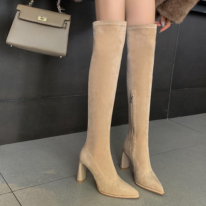 Boot nữ cổ cao quá gối mũi nhọn gót vuông 9cm da lộn co giãn phong cách Hàn Quốc — đen, mơ