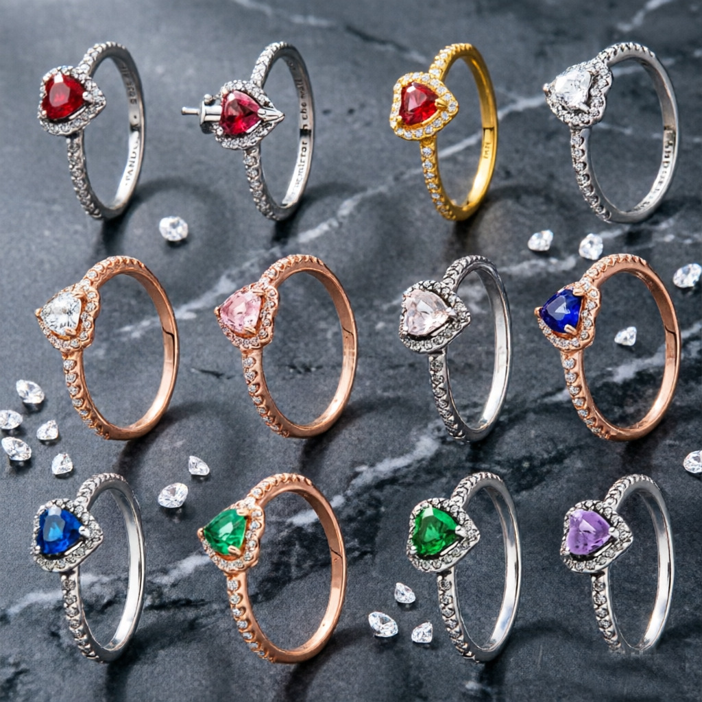 Cross-Border Exclusive Supply for North America and South Asia: White Copper Sparkling Red Heart Ring, Heart-Shaped Pink Diamond, Rose Gold Multi-Color Couple Rings for Women