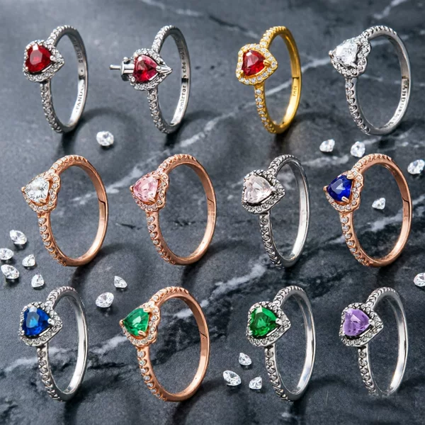 Cross-Border Exclusive Supply for North America and South Asia: White Copper Sparkling Red Heart Ring, Heart-Shaped Pink Diamond, Rose Gold Multi-Color Couple Rings for Women