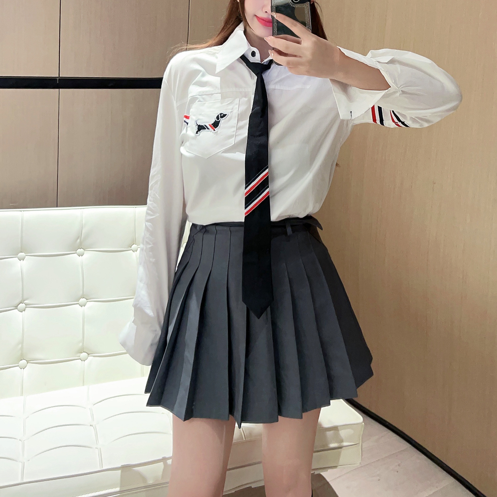 Tb Preppy Style Single Arm Color Striped Webbing Age-Reducing Long-Sleeved Casual Shirt Women's Loose Jk Uniform Shirt Autumn and Winter Tops