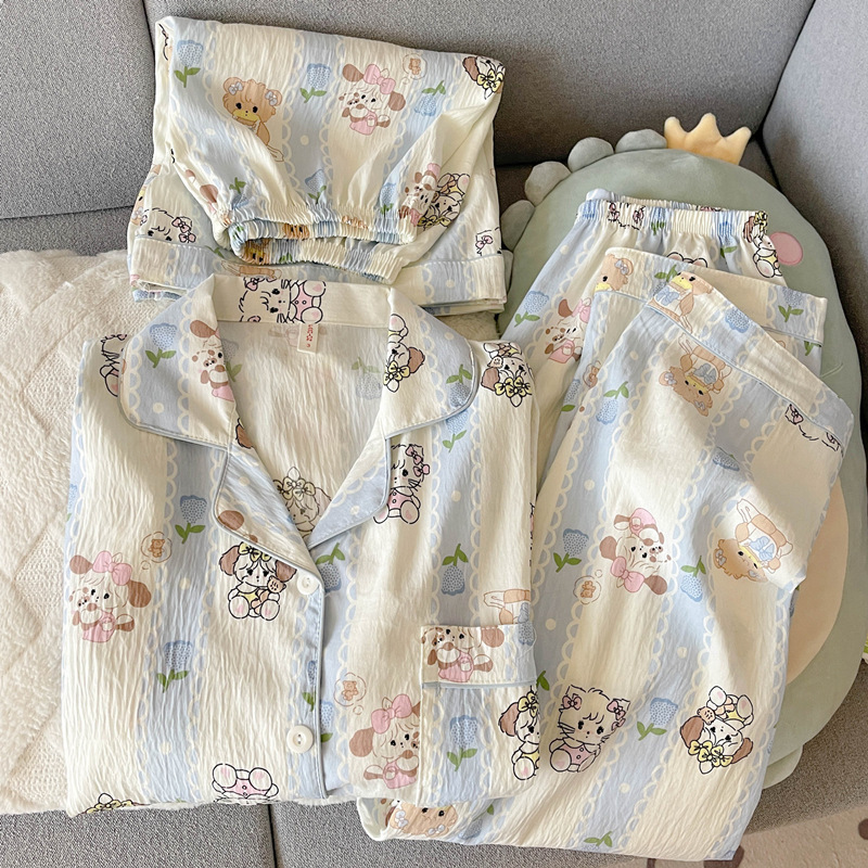 Pijamas de amor dulce de color, pantalones de manga corta de hilo de algodón de nube de verano para mujer, cárdigan de tres piezas, servicio a domicilio