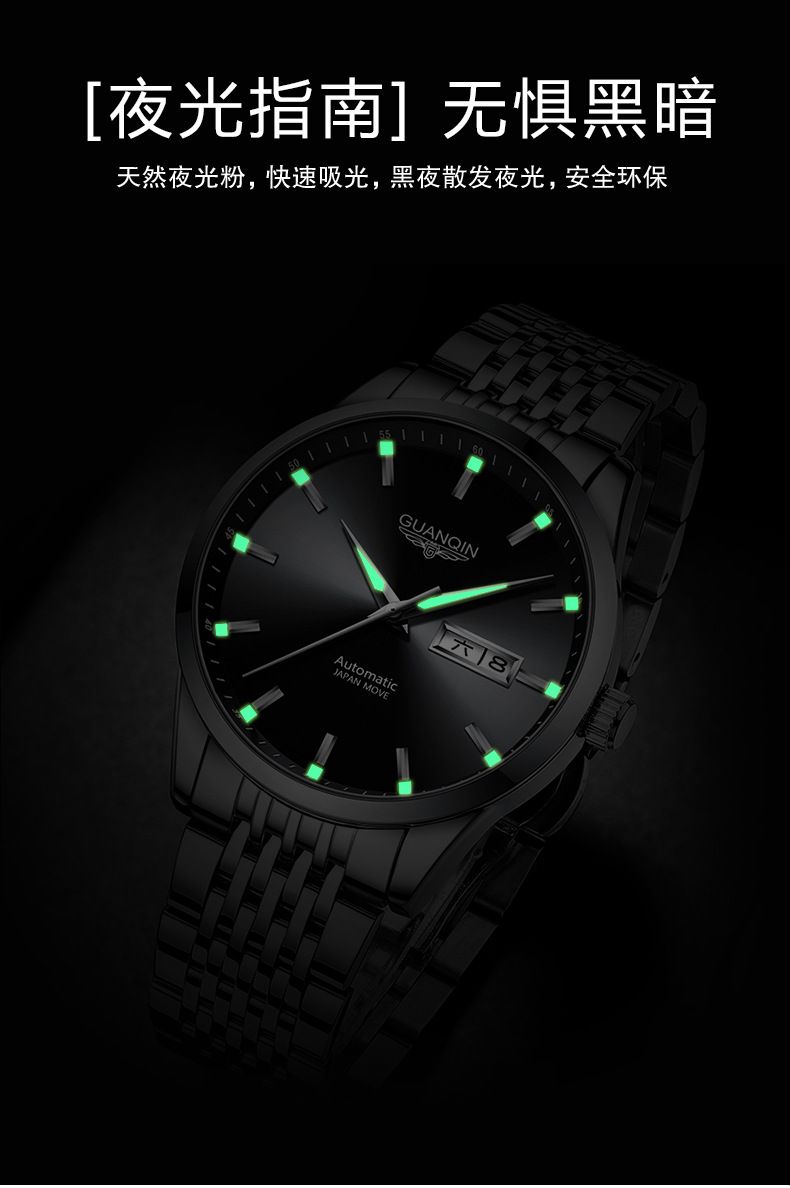 2022新款瑞士机械手表 钢带夜光防水双日历自动镂空男士商务手表详情11