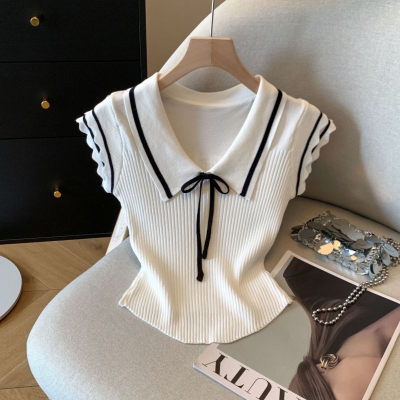 College-Style Doll Collar Knit Sweater for Women, New Summer Style, Pure and Sexy, with Small Flutter Sleeves, Unique and Stunning with a High-End Feel