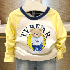 新しい男の子の長袖のtシャツの春秋の金の熊のプリントの中で大きい子供の百合の底のシャツの韓国版の子供服