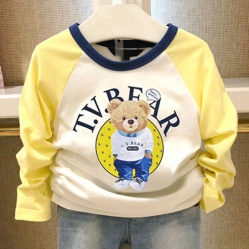 新しい男の子の長袖のtシャツの春秋の金の熊のプリントの中で大きい子供の百合の底のシャツの韓国版の子供服|undefined