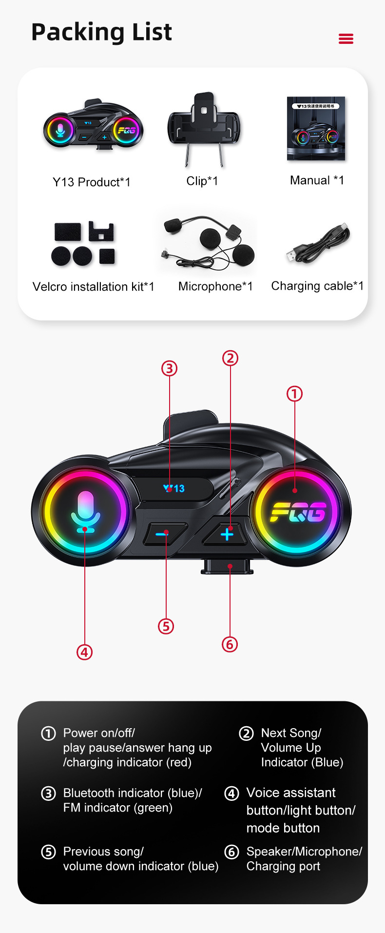 Cross-Border New Model Y13 Helmet Bluetooth Headset Fm Radio Colorful Waterproof Noise Reduction Long Battery Life Multi-Linkage Mobile Phone