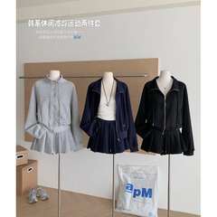 塞纳韩系拉链卫衣外套高腰百褶半身裙裤两件套女秋季穿搭套装裙