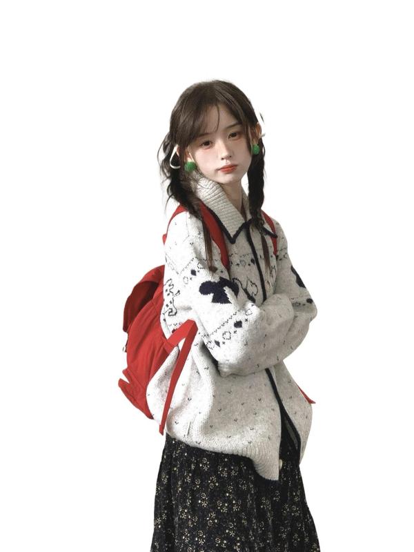 韩系复古小狗提花软糯毛衣外套女秋冬宽松慵懒费尔岛针织开衫上衣|undefined