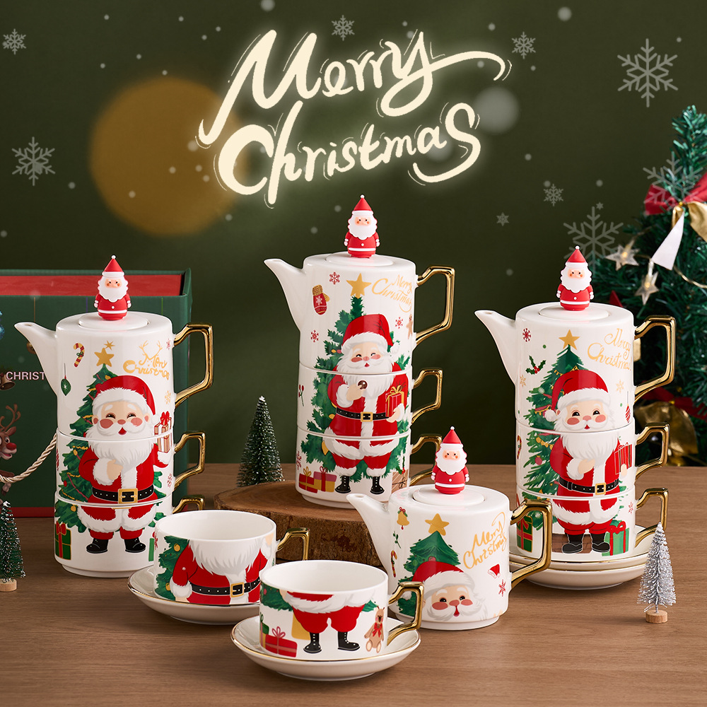 Navidad tetera de cerámica Amazon venta caliente características de Navidad regalos de una olla de dos tazas de tetera chapado en oro conjunto ins