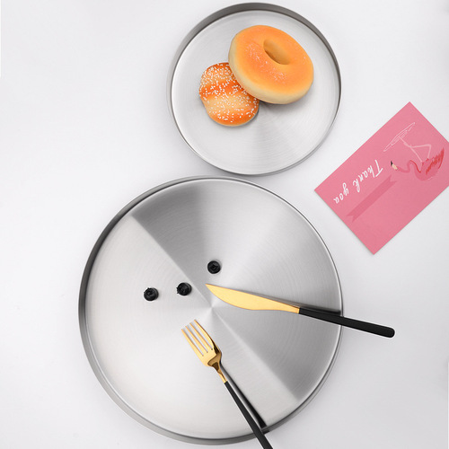 Nordic ins style light luxury storage disc silver brushed stainless steel round tray cosmetics jewelry tea tray