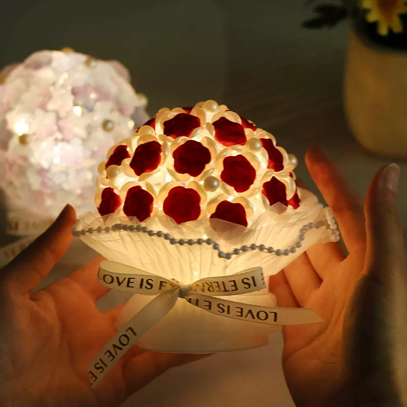 情人节礼物手工diy植绒玫瑰花小夜灯 氛围灯七夕节情侣创意礼品