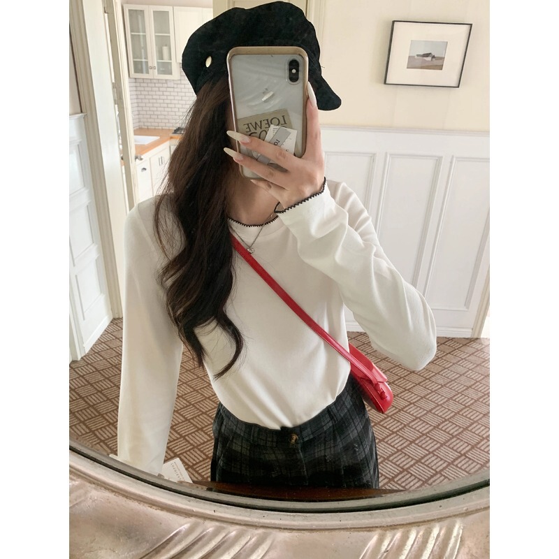 3Th Morning Niche Design Contrasting Color Lace Embroidery Round Neck Slimming Long-Sleeved T-Shirt Zy3485 3Th Morning Niche Design Contrasting Color Lace Embroidery Round Neck Slimming Long-Sleeved T-Shirt Zy3485